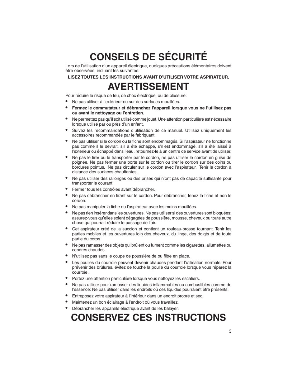 Conseils de sécurité, Avertissement, Conservez ces instructions | Eureka 790 User Manual | Page 3 / 14