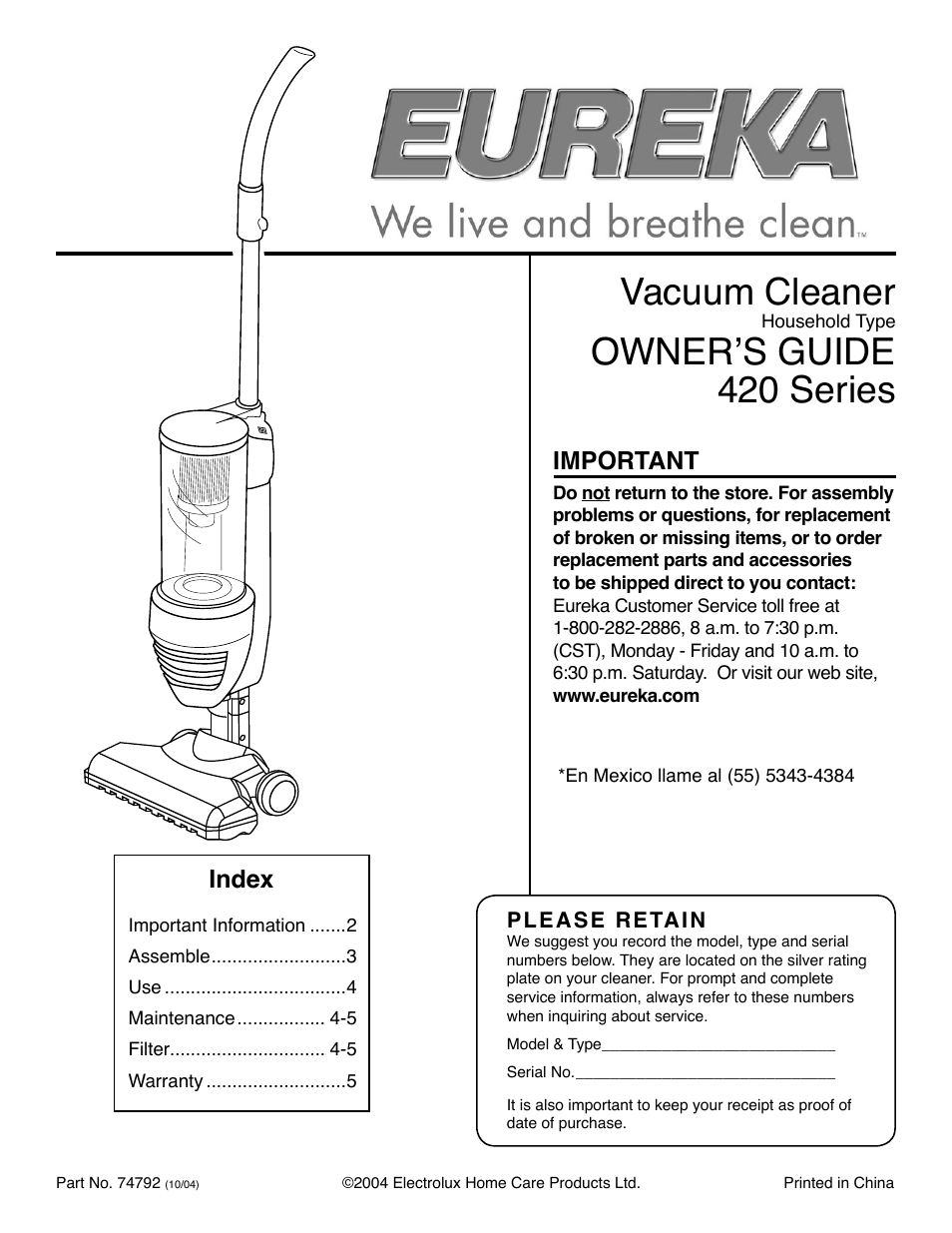 Eureka 420 Series User Manual | 5 pages