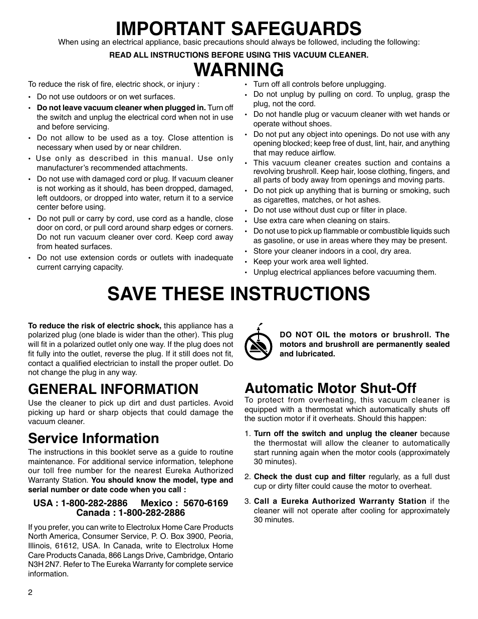 Important safeguards, Warning save these instructions, General information | Service information, Automatic motor shut-off | Eureka 420 Series User Manual | Page 2 / 5