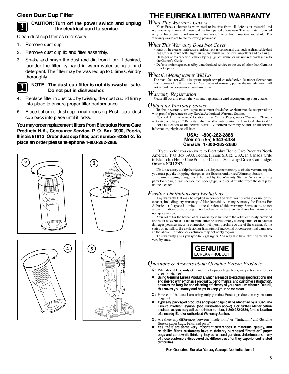 The eureka limited warranty, Genuine, Clean dust cup filter | Eureka 420 Series User Manual | Page 5 / 5