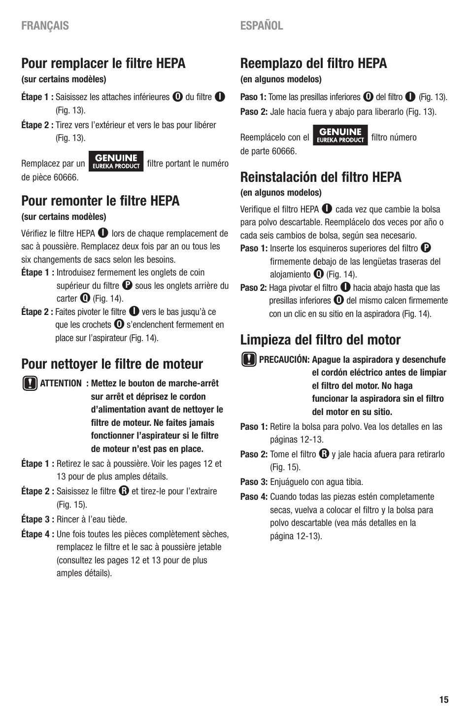 Pour remplacer le filtre hepa, Pour remonter le filtre hepa, Pour nettoyer le filtre de moteur | Reemplazo del filtro hepa, Reinstalación del filtro hepa, Limpieza del filtro del motor | Eureka 3670 SERIES User Manual | Page 15 / 23