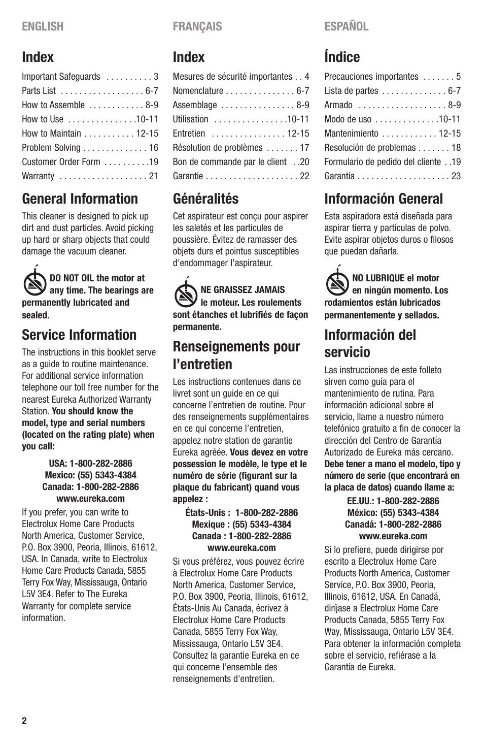 Index, General information, Service information | Índice, Información general, Información del servicio, Généralités, Renseignements pour l’entretien, English, Español | Eureka 3670 SERIES User Manual | Page 2 / 23