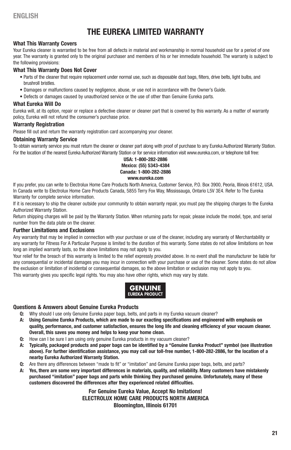 The eureka limited warranty, English | Eureka 3670 SERIES User Manual | Page 21 / 23