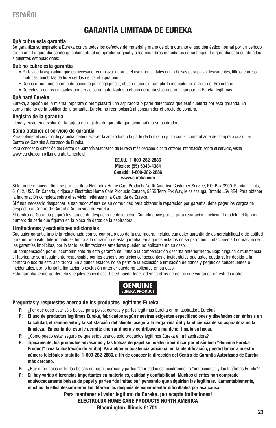 Garantía limitada de eureka, Español | Eureka 3670 SERIES User Manual | Page 23 / 23