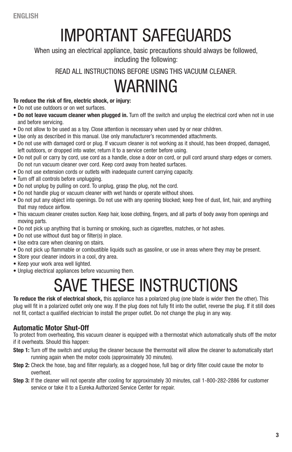 Important safeguards, Warning, Save these instructions | Eureka 3670 SERIES User Manual | Page 3 / 23