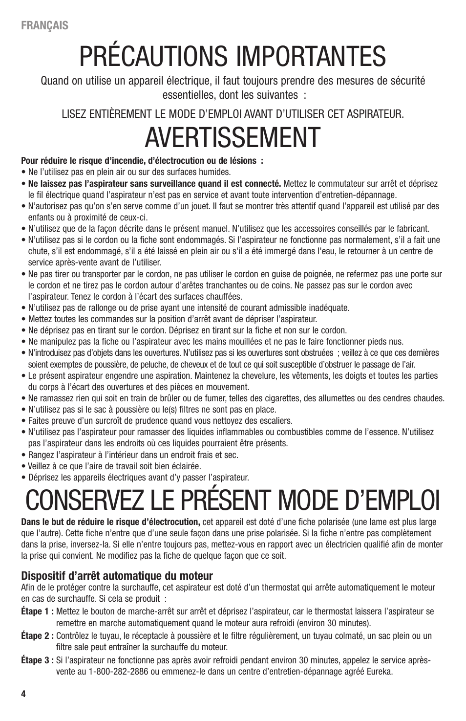 Précautions importantes, Avertissement, Conservez le présent mode d’emploi | Eureka 3670 SERIES User Manual | Page 4 / 23