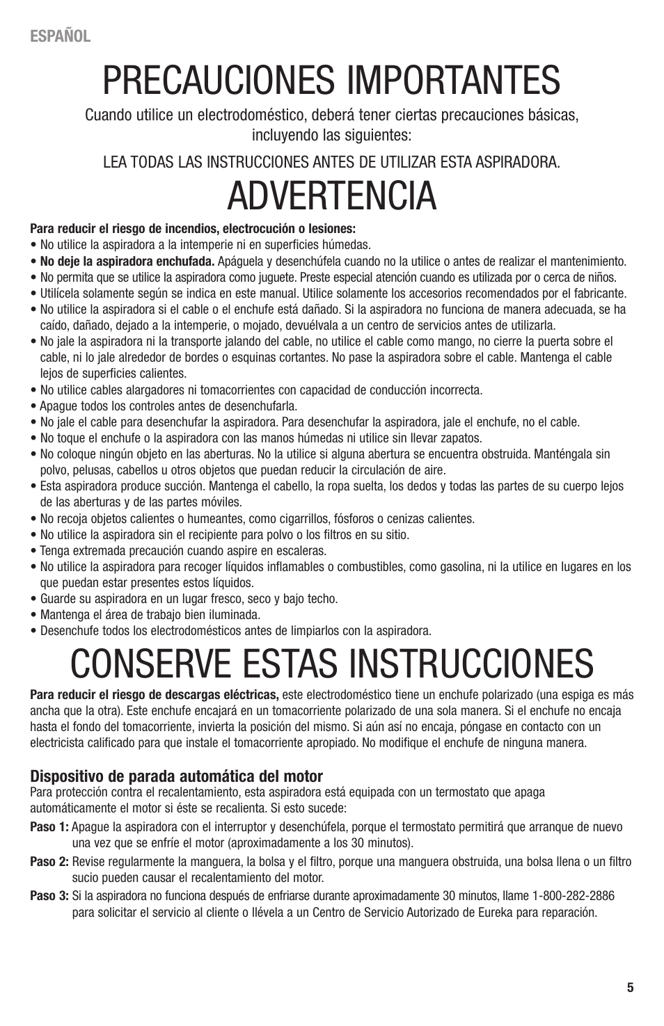 Precauciones importantes, Advertencia, Conserve estas instrucciones | Eureka 3670 SERIES User Manual | Page 5 / 23