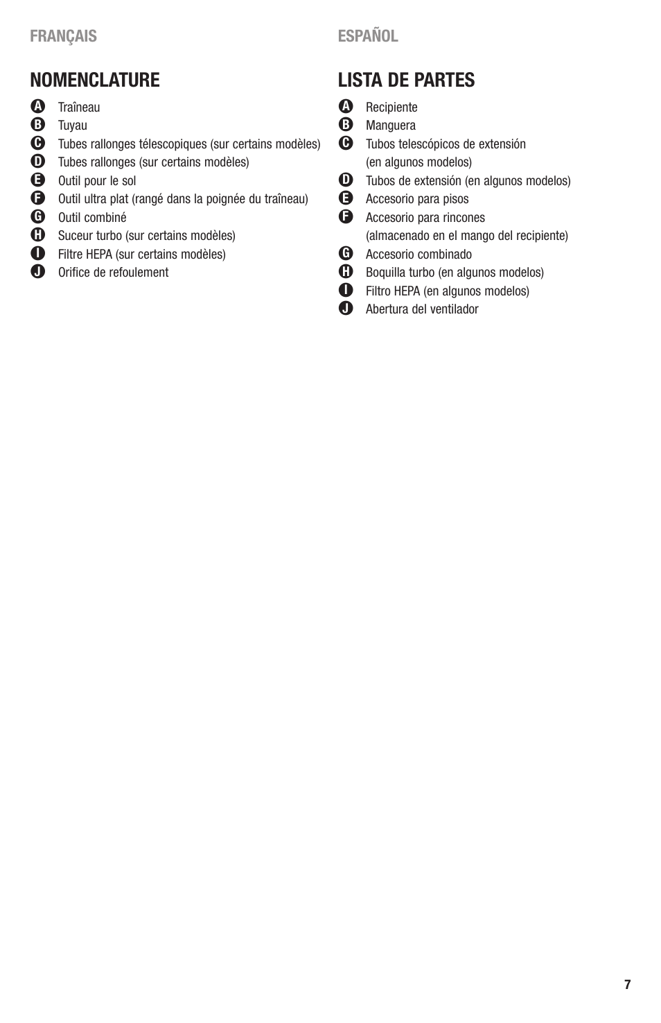 Nomenclature, Lista de partes | Eureka 3670 SERIES User Manual | Page 7 / 23