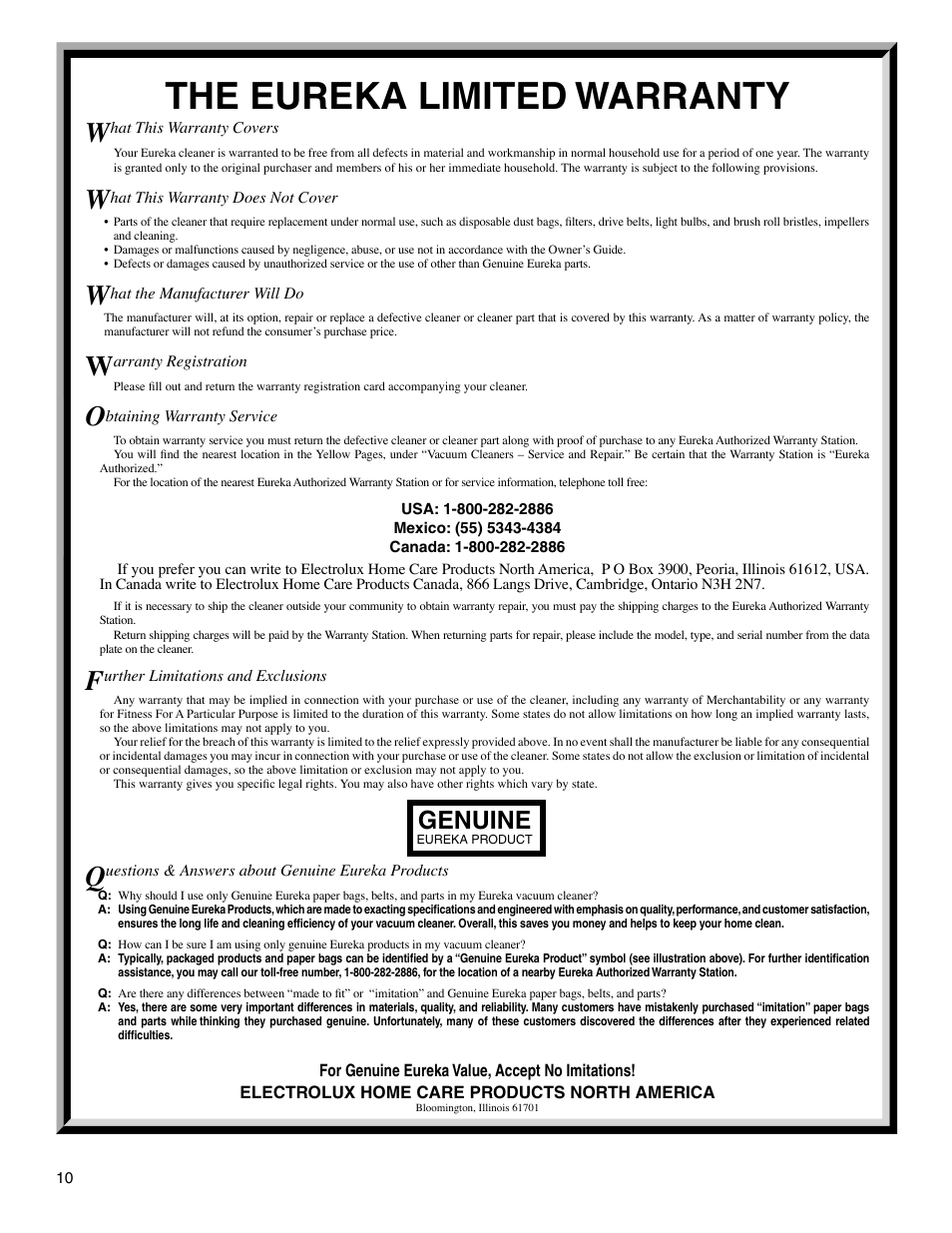 The eureka limited warranty, Genuine | Eureka 2940 User Manual | Page 10 / 12