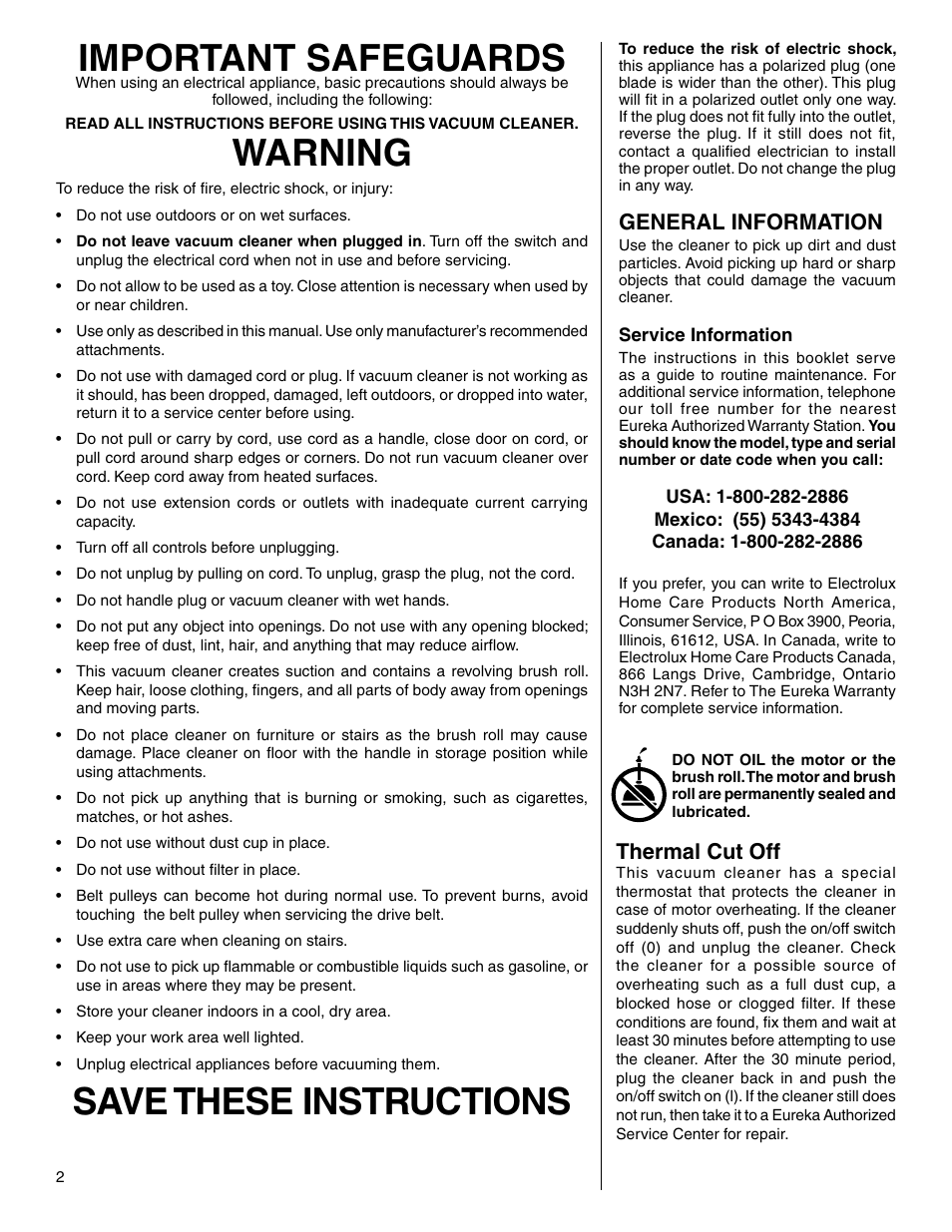 Important safeguards, Warning, Save these instructions | General information, Thermal cut off | Eureka 2940 User Manual | Page 2 / 12