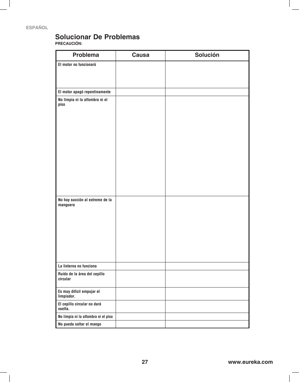 Problem solving, Solucionar de problemas, Problema causa solución | Eureka 8850-8899 Series User Manual | Page 27 / 32