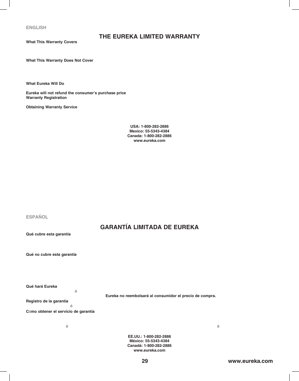 The eureka limited warranty, Garantía limitada de eureka | Eureka 8850-8899 Series User Manual | Page 29 / 32