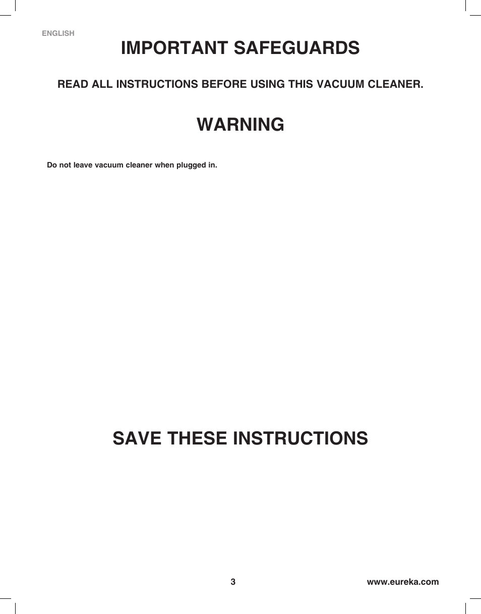 Important safeguards, Warning, Save these instructions | Eureka 8850-8899 Series User Manual | Page 3 / 32