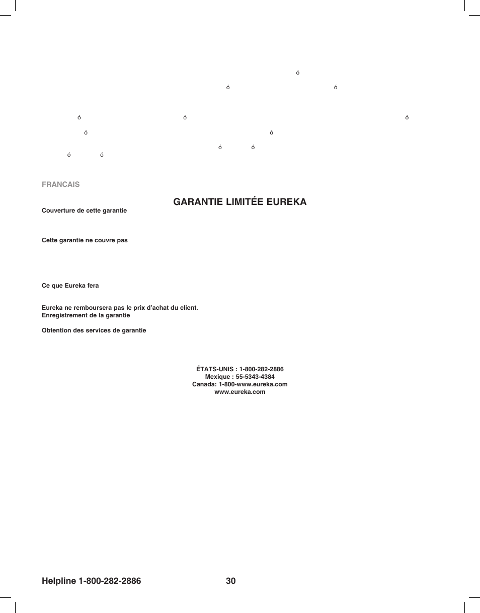 Garantie limitée eureka | Eureka 8850-8899 Series User Manual | Page 30 / 32