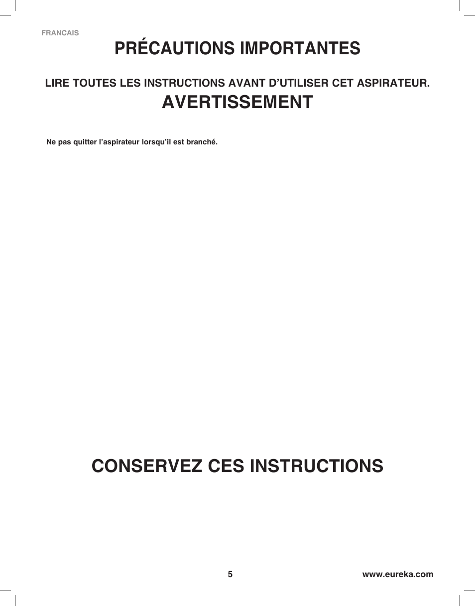 Précautions importantes, Avertissement, Conservez ces instructions | Eureka 8850-8899 Series User Manual | Page 5 / 32