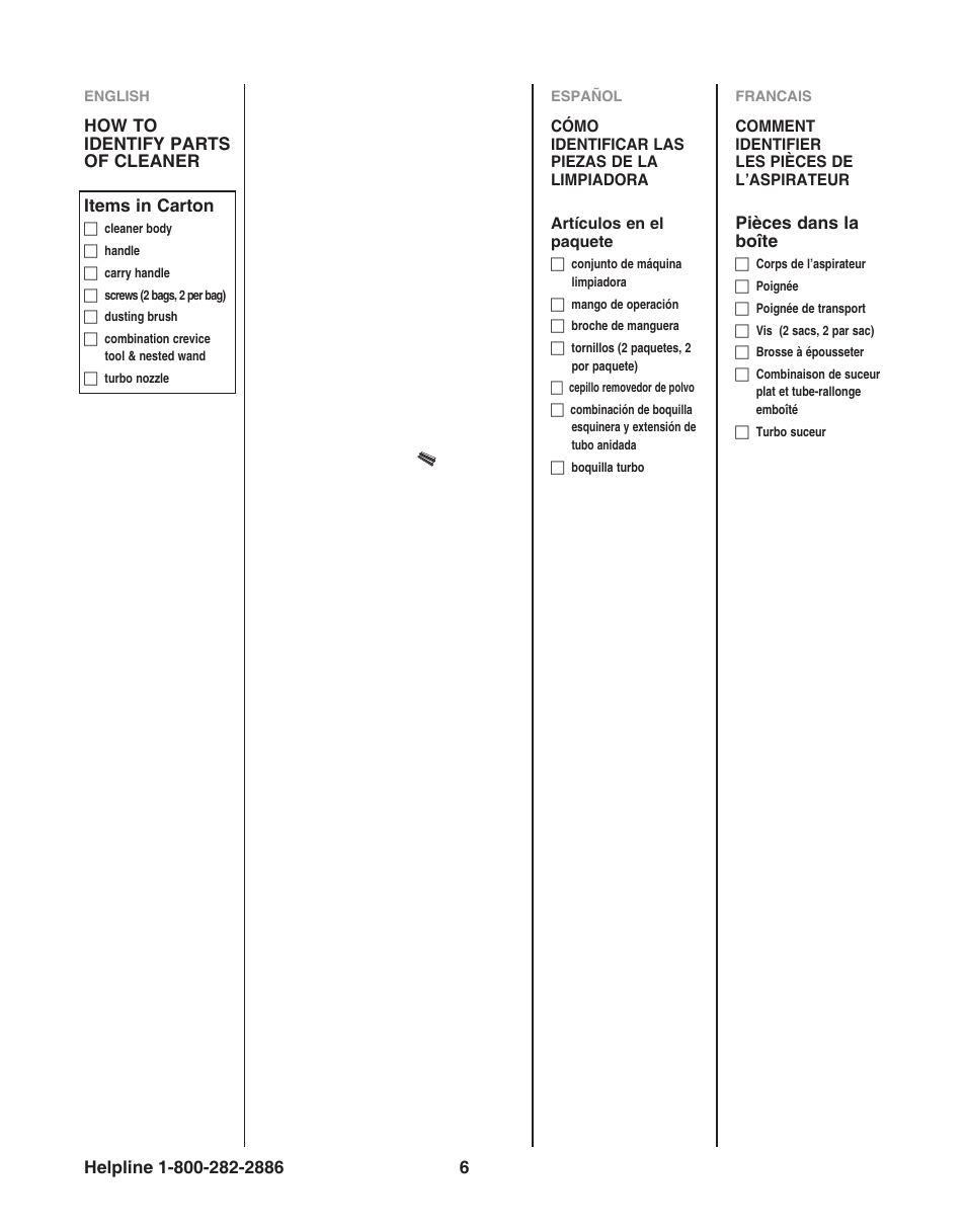 Pièces dans la boîte, How to identify parts of cleaner items in carton | Eureka 8850-8899 Series User Manual | Page 6 / 32
