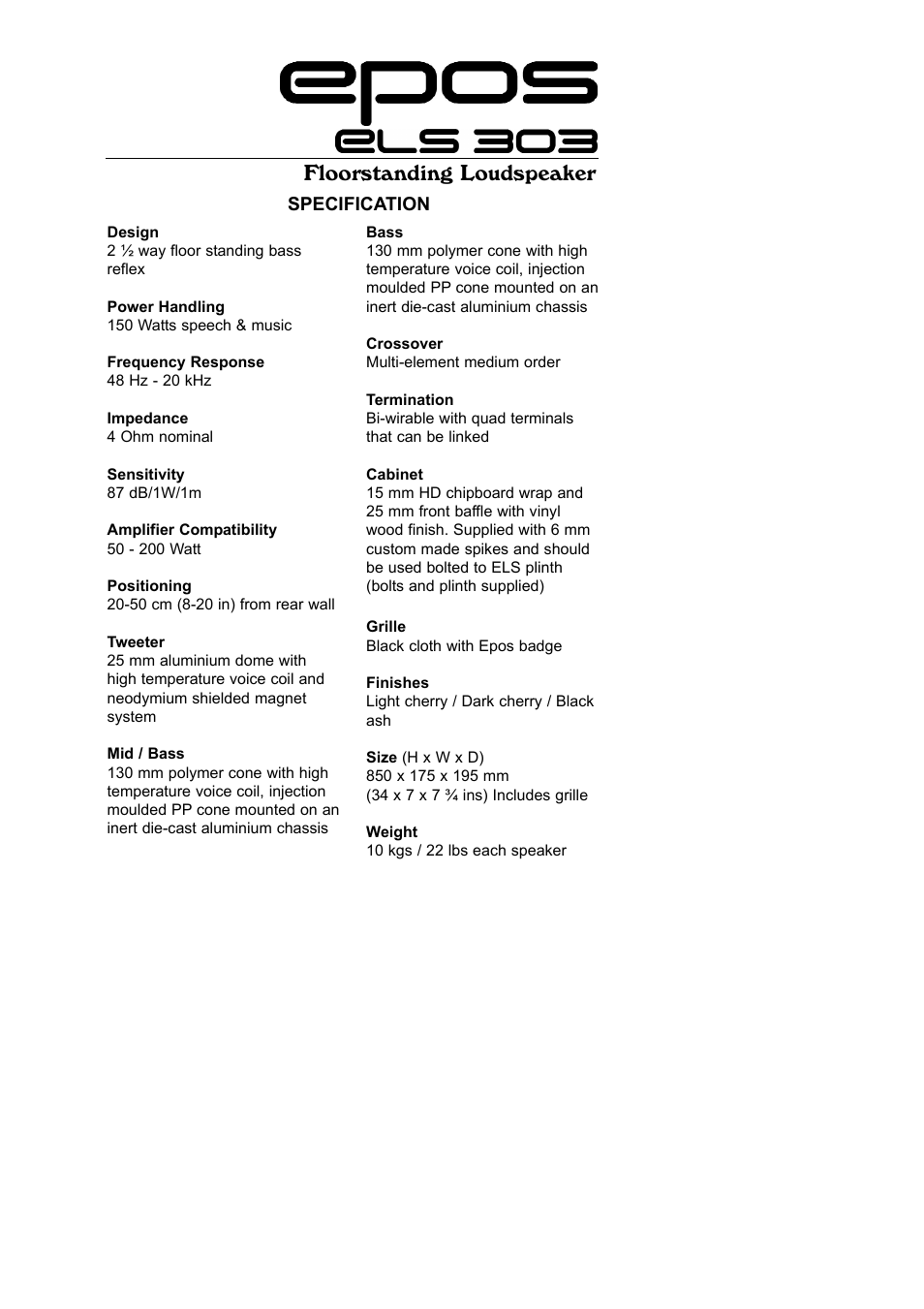 Floorstanding loudspeaker | EPOS ELS Series User Manual | Page 5 / 9