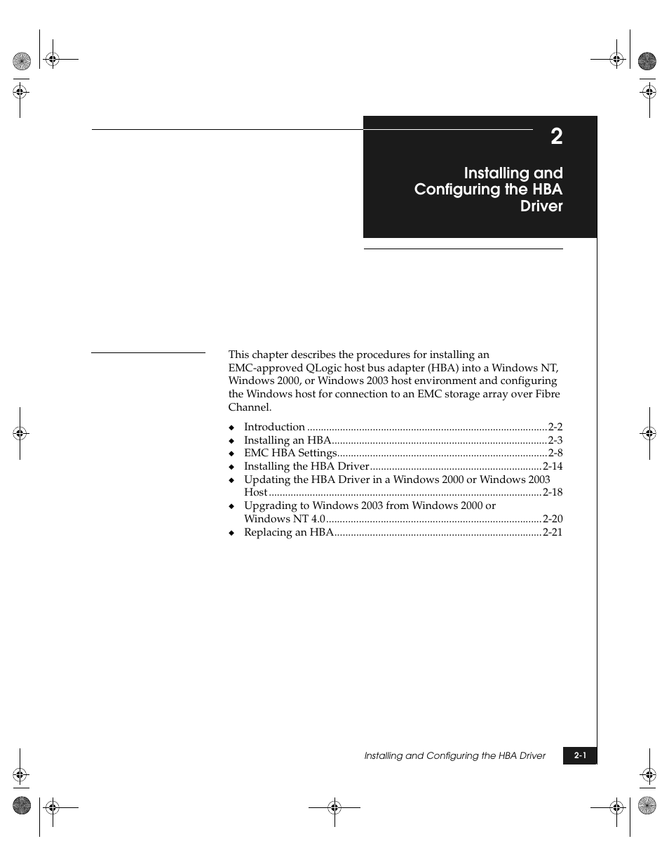 Installing and configuring the hba driver, Chapter 2 | EMC QLogic User Manual | Page 13 / 104