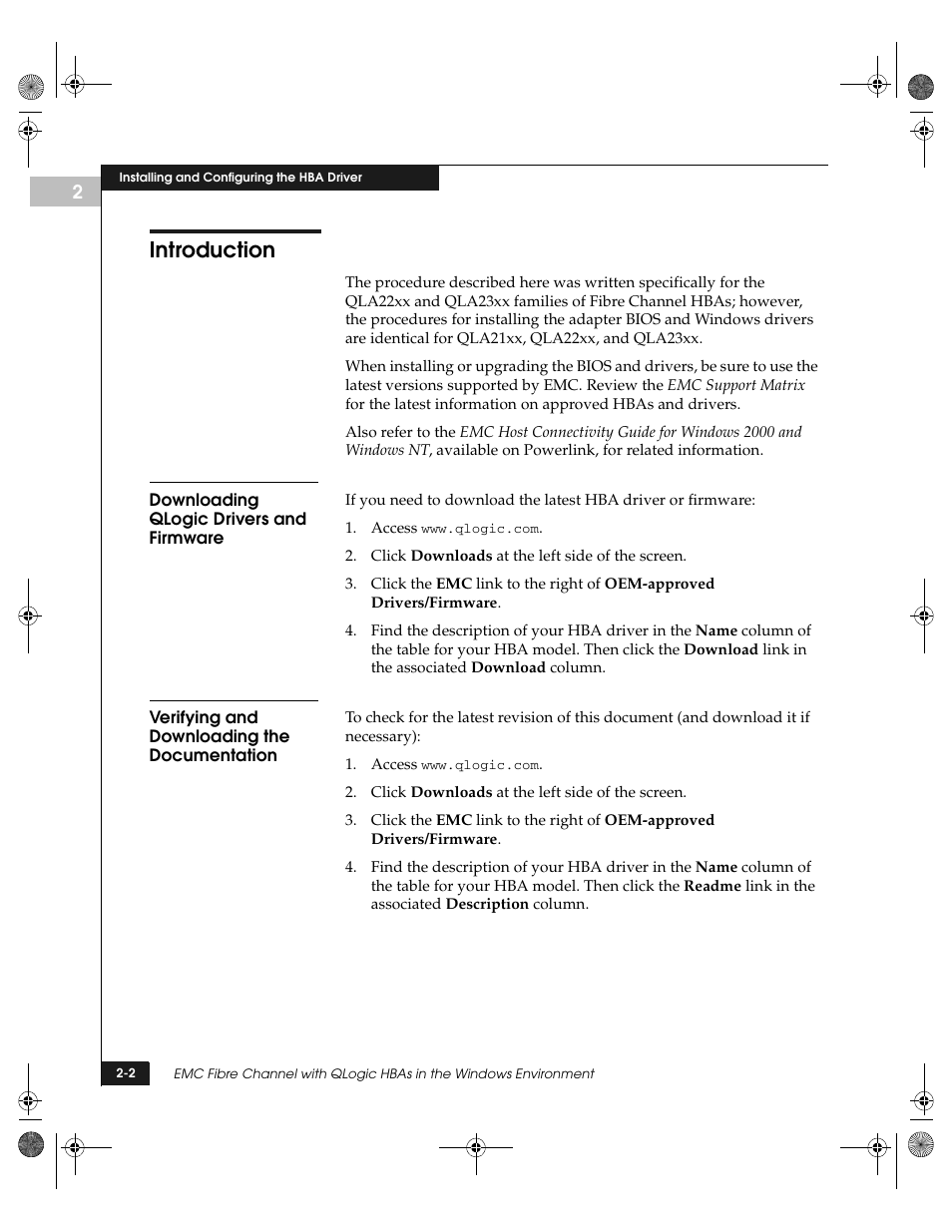 Introduction, Downloading qlogic drivers and firmware, Verifying and downloading the documentation | Introduction -2 | EMC QLogic User Manual | Page 14 / 104