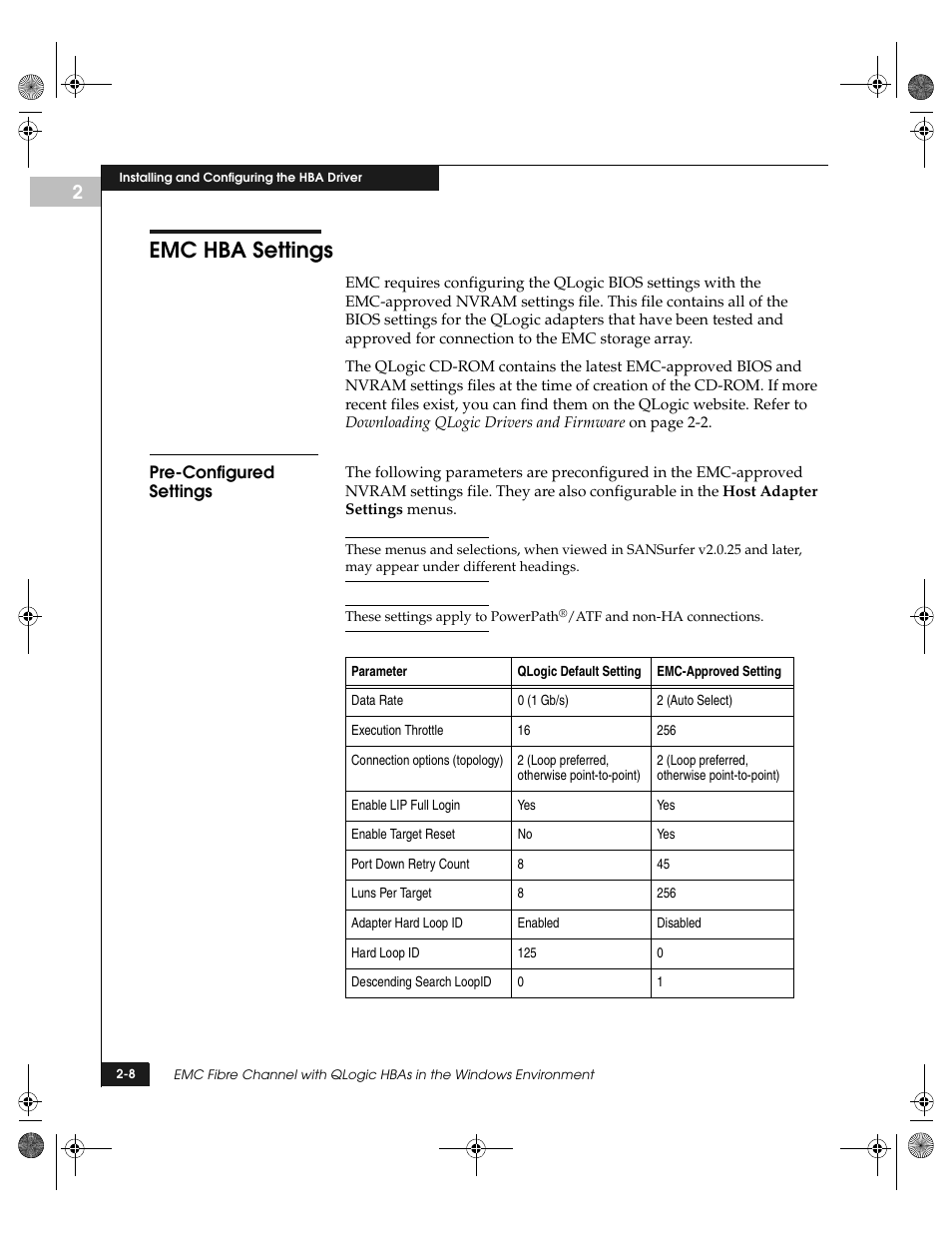 Emc hba settings, Pre-configured settings, Emc hba settings -8 | Pre-configured settings -8 | EMC QLogic User Manual | Page 20 / 104