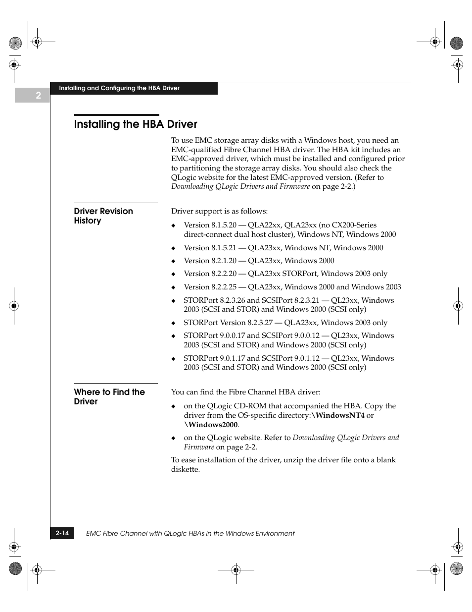 Installing the hba driver, Driver revision history, Where to find the driver | Installing the hba driver -14, Installing the hba driver on | EMC QLogic User Manual | Page 26 / 104