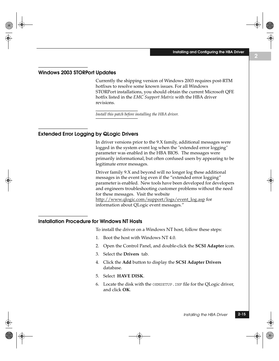 Windows 2003 storport updates, Extended error logging by qlogic drivers, Installation procedure for windows nt hosts | EMC QLogic User Manual | Page 27 / 104