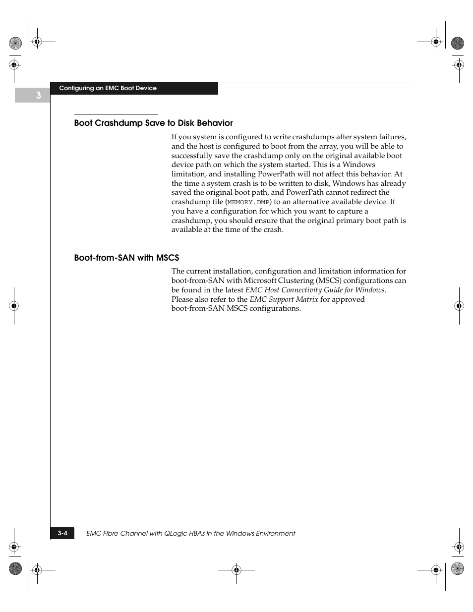 Boot crashdump save to disk behavior, Boot-from-san with mscs | EMC QLogic User Manual | Page 40 / 104