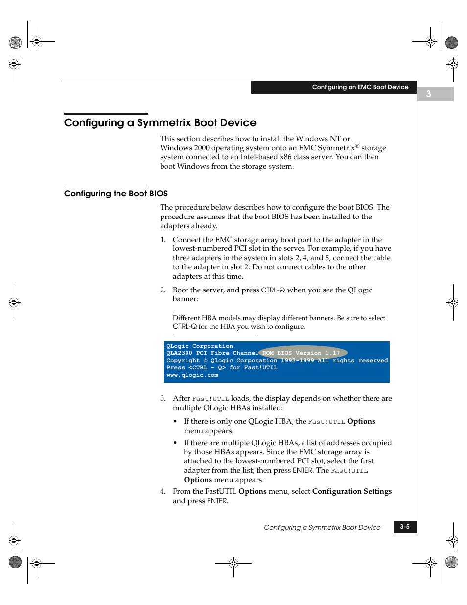 Configuring a symmetrix boot device, Configuring the boot bios, Configuring a symmetrix boot device -5 | Configuring the boot bios -5 | EMC QLogic User Manual | Page 41 / 104