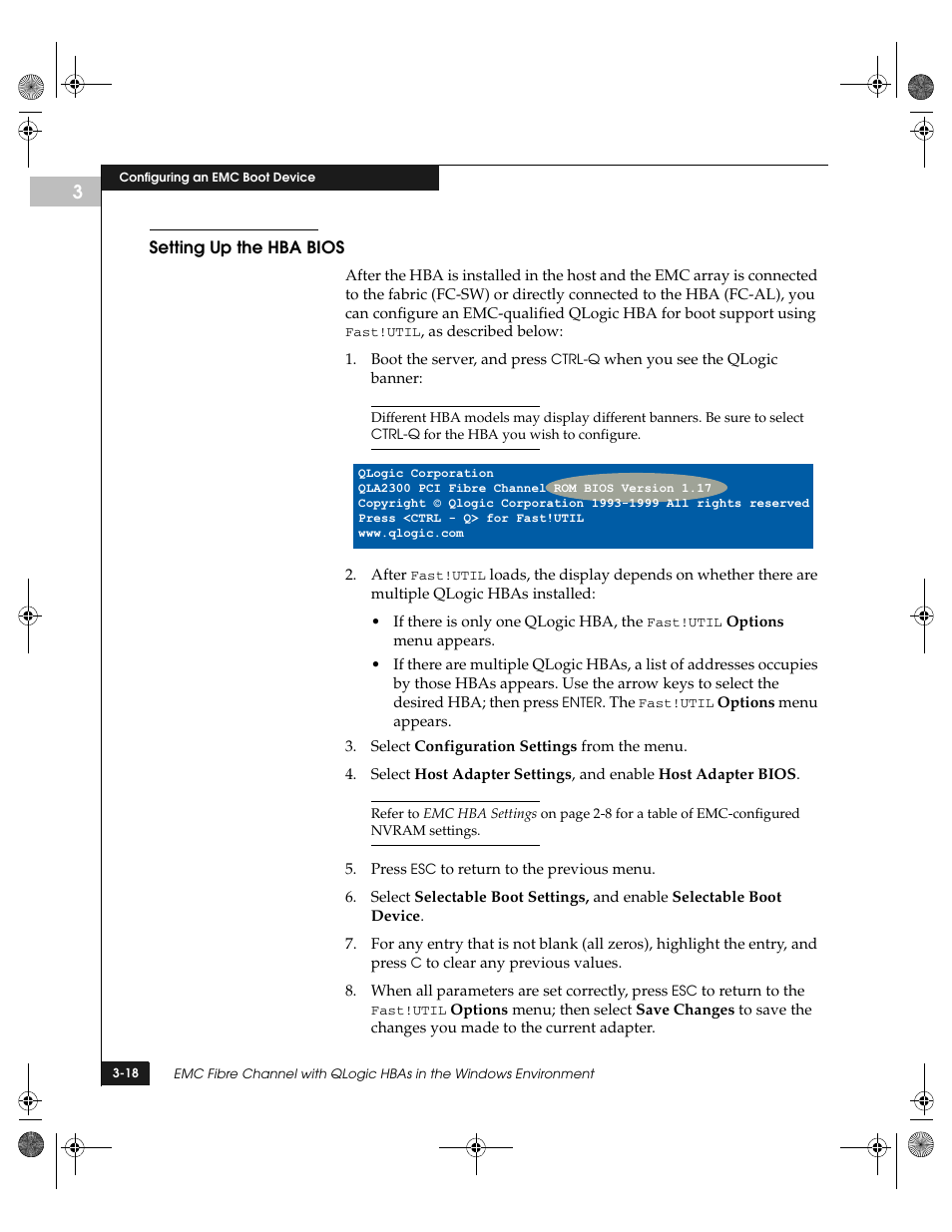 Setting up the hba bios, Setting up the hba bios -18 | EMC QLogic User Manual | Page 54 / 104