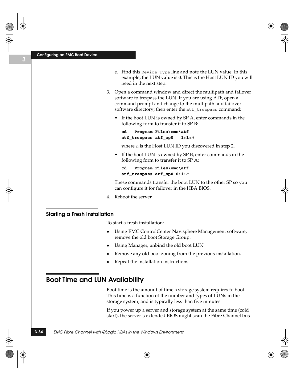 Starting a fresh installation, Boot time and lun availability, Starting a fresh installation -34 | Boot time and lun availability -35 | EMC QLogic User Manual | Page 70 / 104