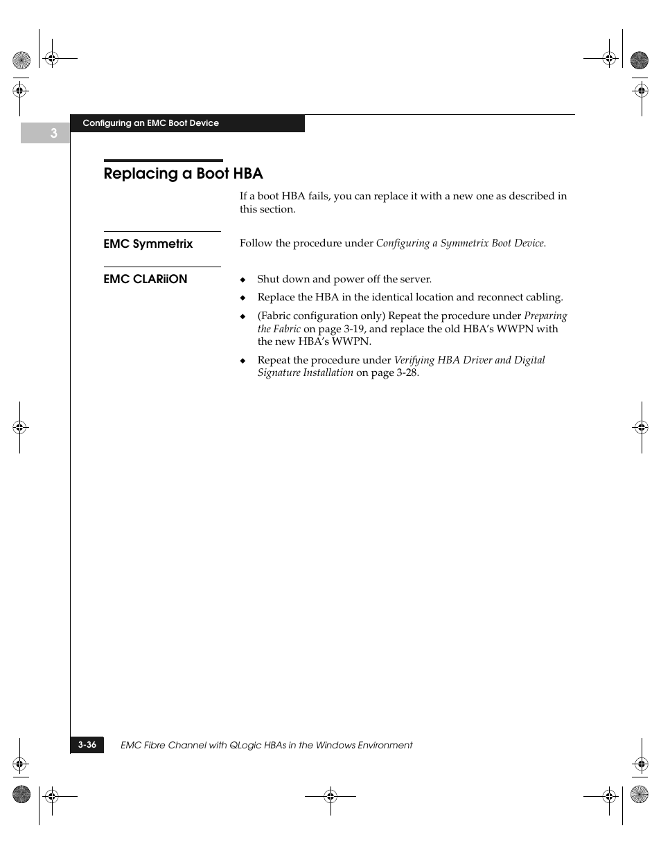 Replacing a boot hba, Emc symmetrix, Emc clariion | Replacing a boot hba -36, Emc symmetrix -36 emc clariion -36 | EMC QLogic User Manual | Page 72 / 104