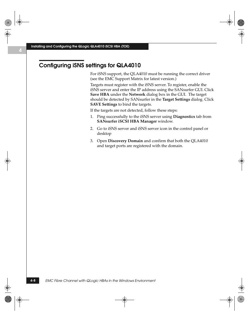 Configuring isns settings for qla4010, Configuring isns settings for qla4010 -8 | EMC QLogic User Manual | Page 82 / 104