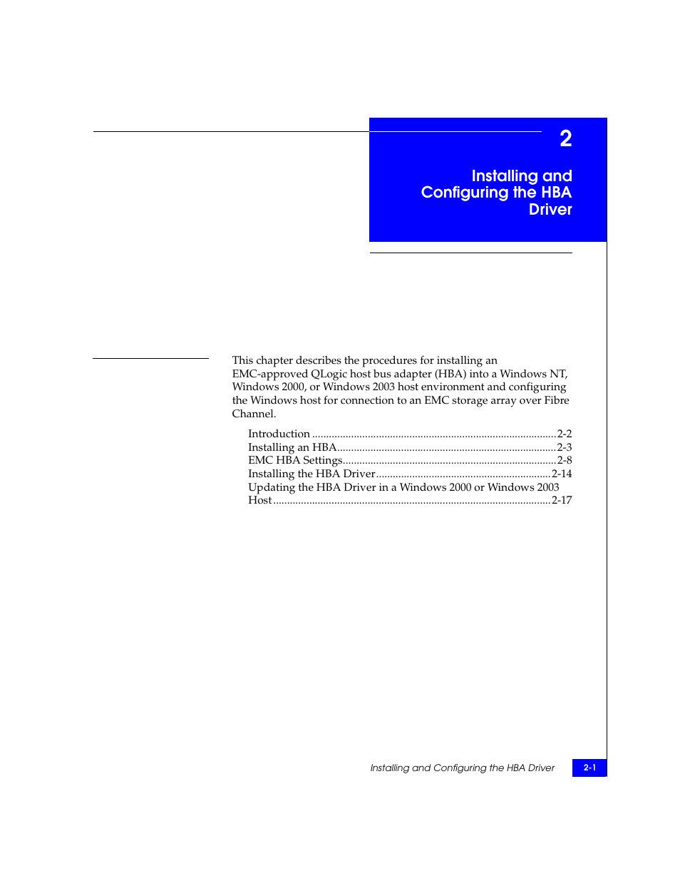 Installing and configuring the hba driver, Chapter 2 | EMC Qlogic QLA23xx User Manual | Page 13 / 78