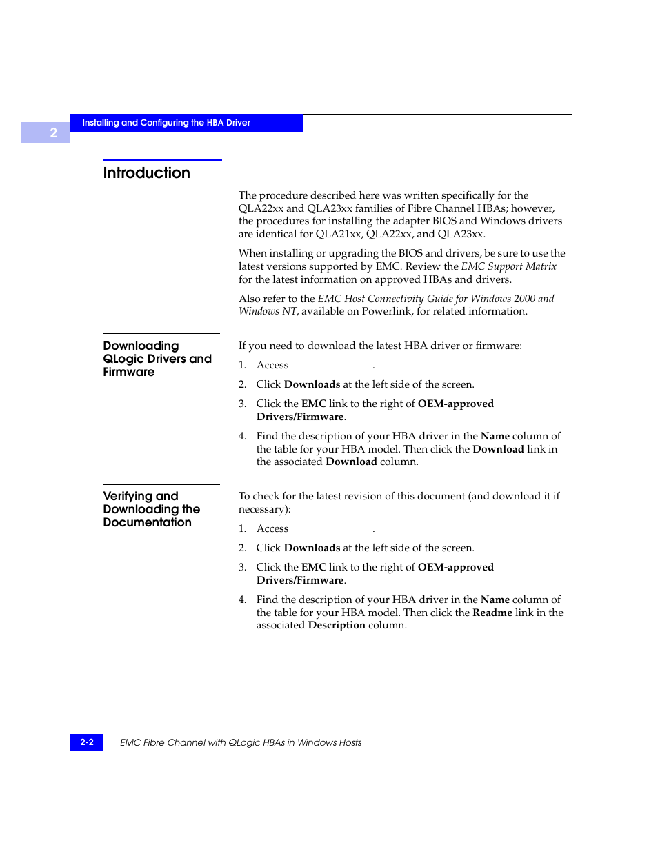 Introduction, Downloading qlogic drivers and firmware, Verifying and downloading the documentation | Introduction -2 | EMC Qlogic QLA23xx User Manual | Page 14 / 78