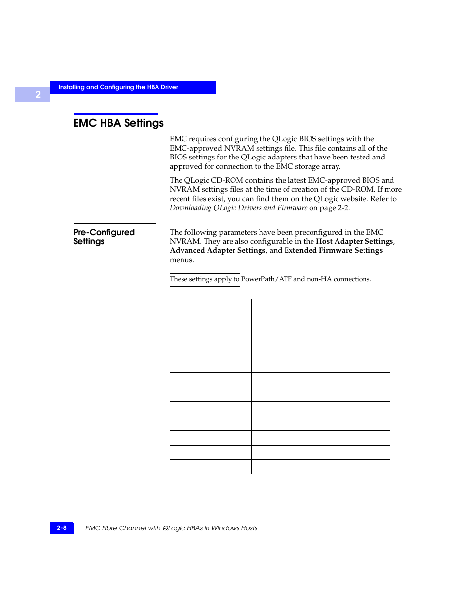 Emc hba settings, Pre-configured settings, Emc hba settings -8 | Pre-configured settings -8 | EMC Qlogic QLA23xx User Manual | Page 20 / 78