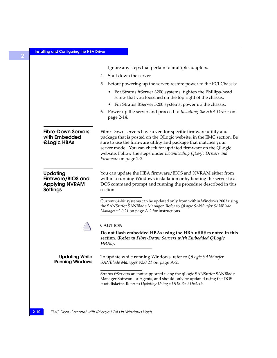 Fibre-down servers with embedded qlogic hbas, Updating firmware/bios and applying nvram settings | EMC Qlogic QLA23xx User Manual | Page 22 / 78