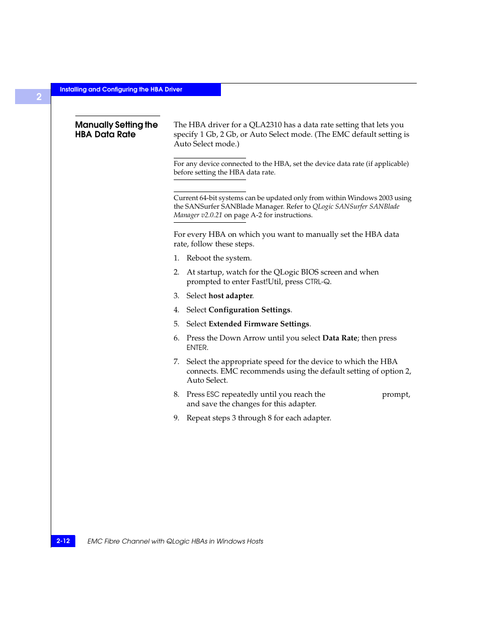 Manually setting the hba data rate, Manually setting the hba data rate -12 | EMC Qlogic QLA23xx User Manual | Page 24 / 78
