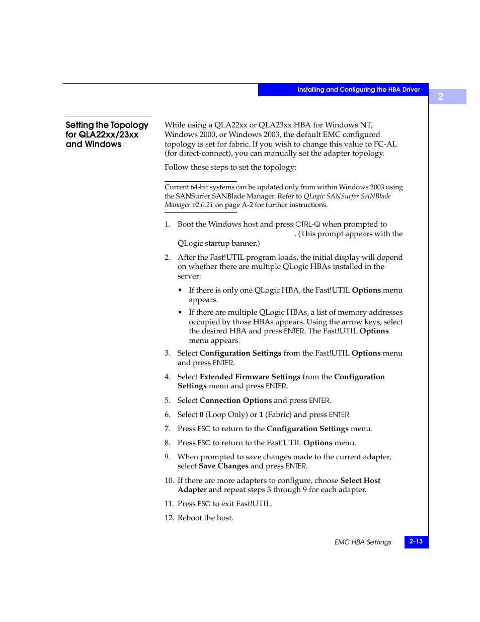 Setting the topology for qla22xx/23xx and windows | EMC Qlogic QLA23xx User Manual | Page 25 / 78