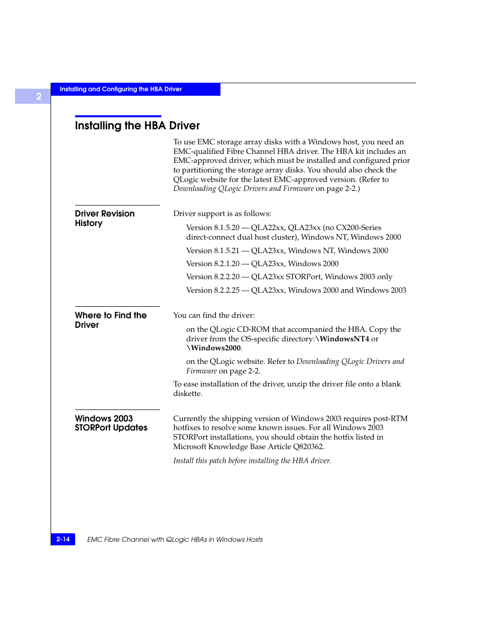 Installing the hba driver, Driver revision history, Where to find the driver | Windows 2003 storport updates, Installing the hba driver -14, Installing the hba driver on | EMC Qlogic QLA23xx User Manual | Page 26 / 78