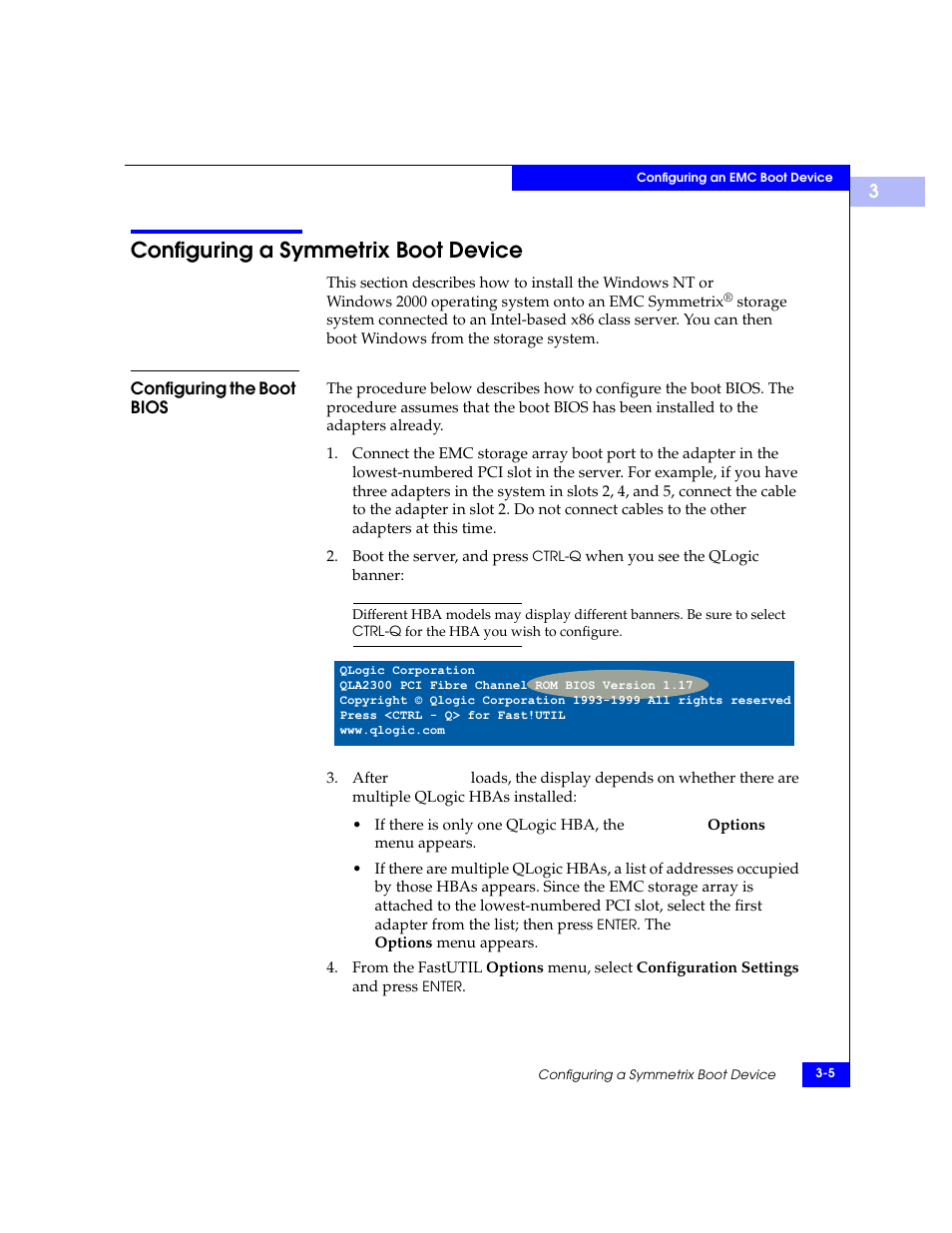 Configuring a symmetrix boot device, Configuring the boot bios, Configuring a symmetrix boot device -5 | Configuring the boot bios -5 | EMC Qlogic QLA23xx User Manual | Page 37 / 78