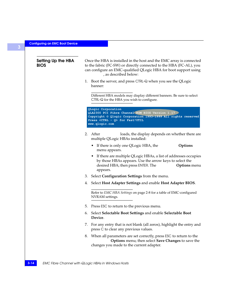Setting up the hba bios, Setting up the hba bios -14 | EMC Qlogic QLA23xx User Manual | Page 46 / 78