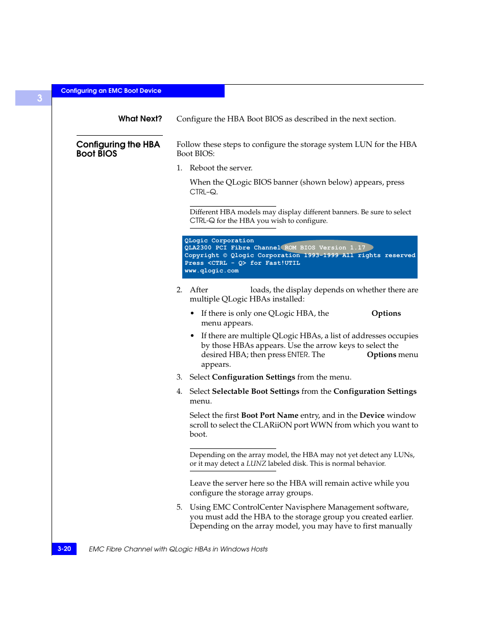 Configuring the hba boot bios, Configuring the hba boot bios -20 | EMC Qlogic QLA23xx User Manual | Page 52 / 78