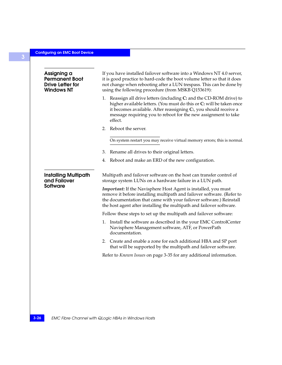 Installing multipath and failover software, Assigning a permanent boot drive letter for, Installing multipath and failover software -26 | EMC Qlogic QLA23xx User Manual | Page 58 / 78