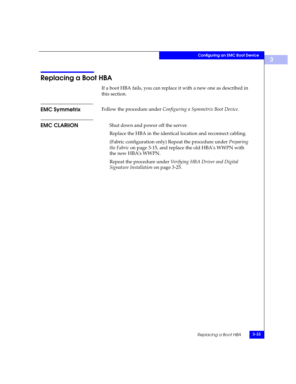 Replacing a boot hba, Emc symmetrix, Emc clariion | Replacing a boot hba -33, Emc symmetrix -33 emc clariion -33 | EMC Qlogic QLA23xx User Manual | Page 65 / 78
