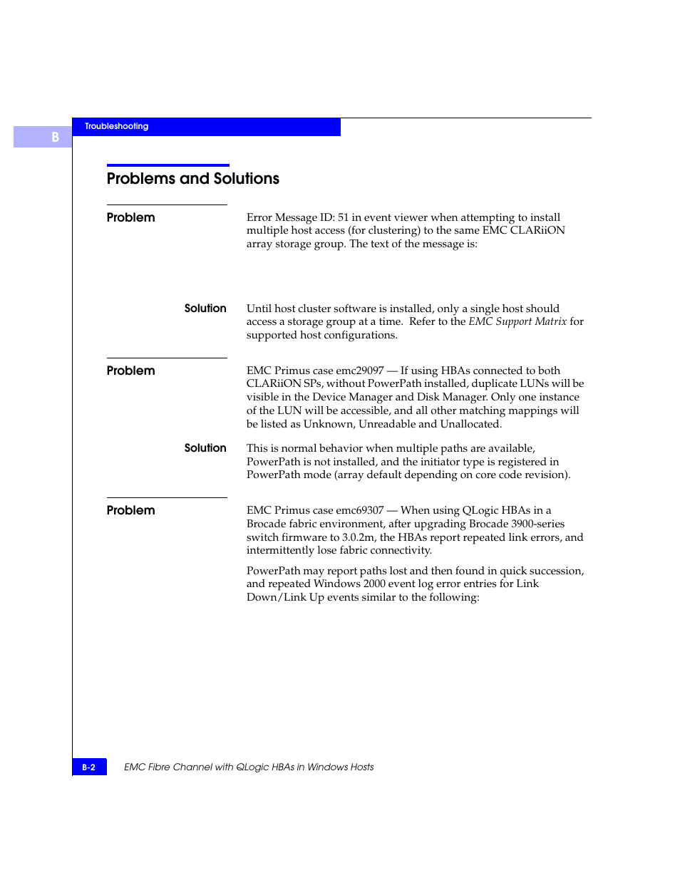 Problems and solutions, Problem | EMC Qlogic QLA23xx User Manual | Page 74 / 78