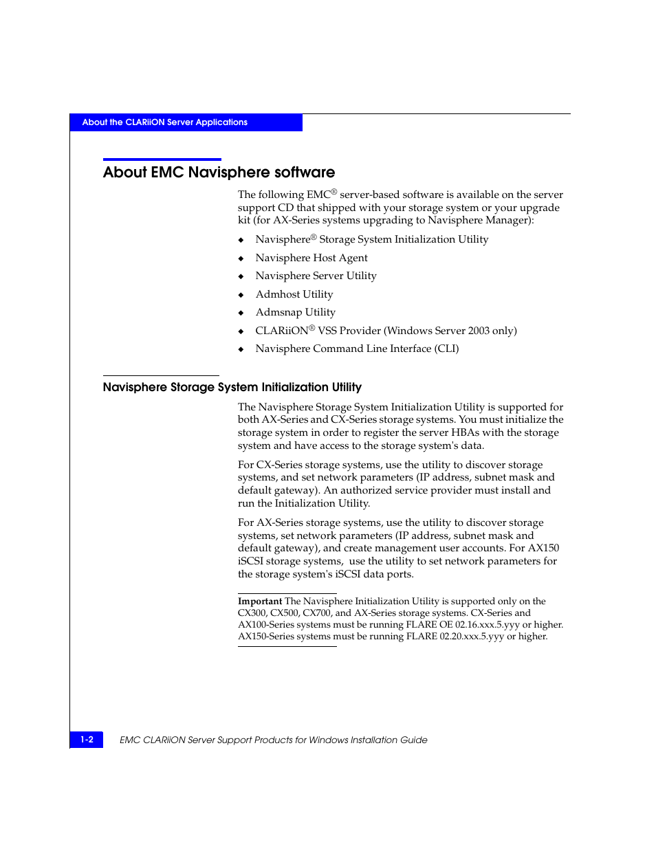 About emc navisphere software, Navisphere storage system initialization utility, About emc navisphere software -2 | EMC CLARiiON User Manual | Page 14 / 102