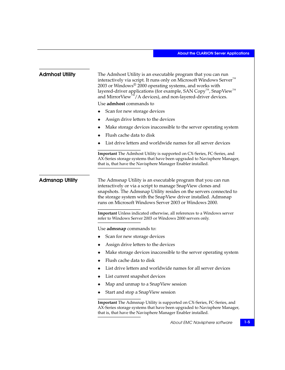 Admhost utility, Admsnap utility, Admhost utility -5 admsnap utility -5 | EMC CLARiiON User Manual | Page 17 / 102