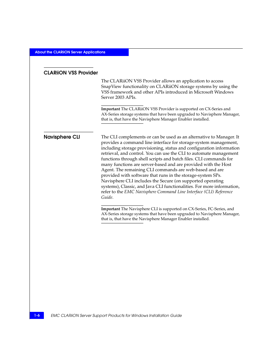 Clariion vss provider, Navisphere cli, Clariion vss provider -6 navisphere cli -6 | EMC CLARiiON User Manual | Page 18 / 102