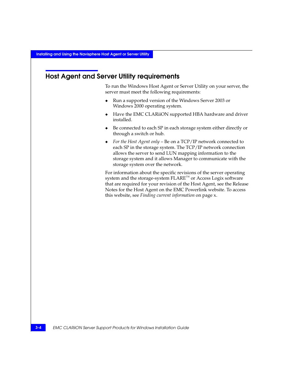 Host agent and server utility requirements, Host agent and server utility requirements -4 | EMC CLARiiON User Manual | Page 28 / 102