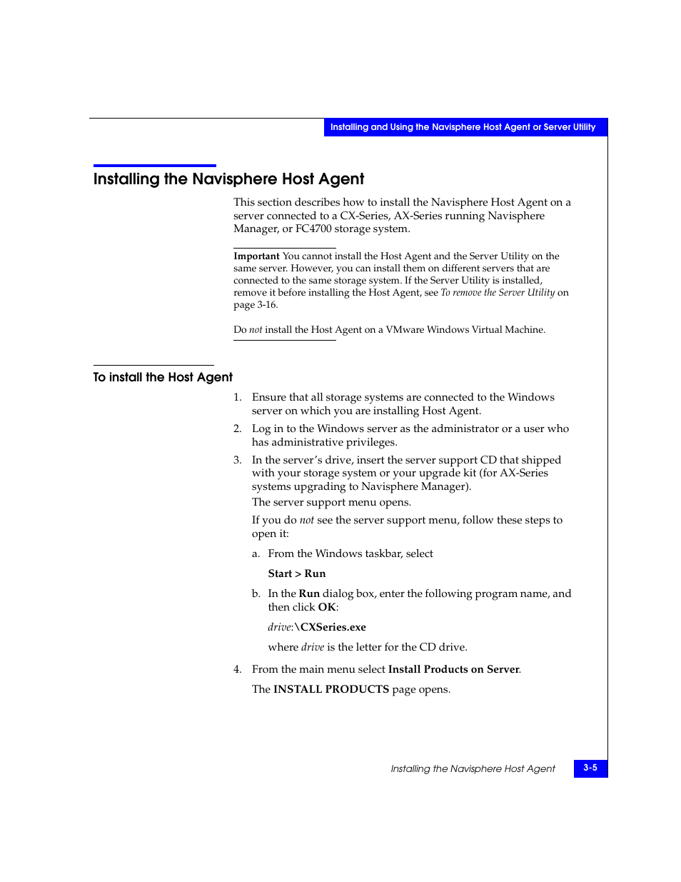 Installing the navisphere host agent, To install the host agent, Installing the navisphere host agent -5 | To install the host agent -5 | EMC CLARiiON User Manual | Page 29 / 102